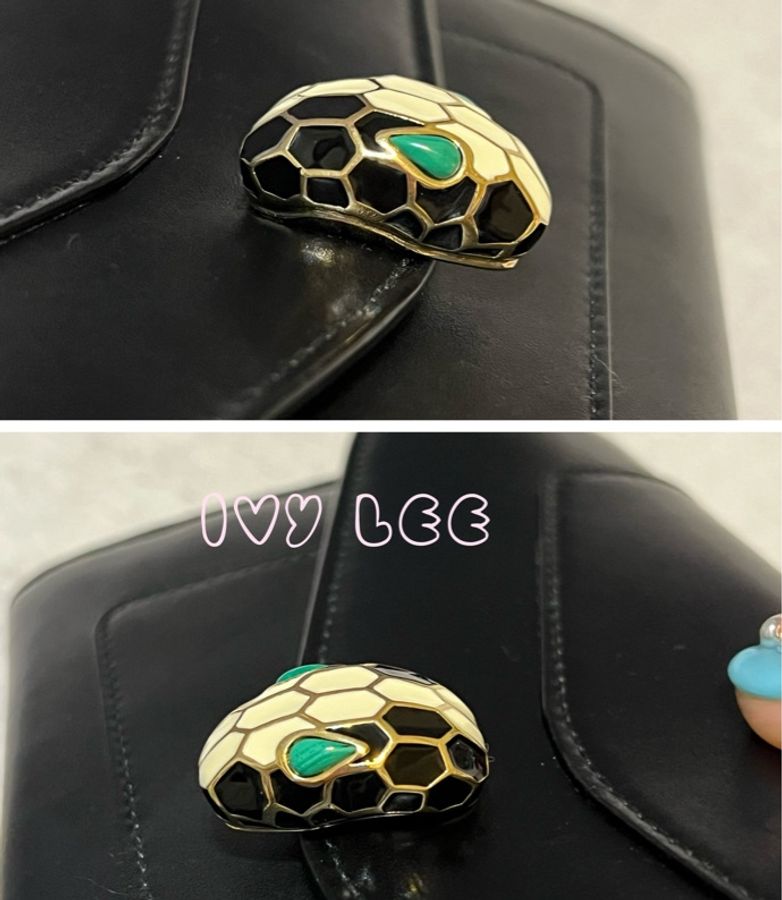 Bvlgari(缺貨中、勿下單)280353品牌長版皮夾 小牛皮琺瑯蛇頭扣環撞色(黑/綠)二手精品-16
