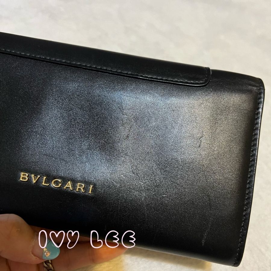 Bvlgari(缺貨中、勿下單)280353品牌長版皮夾 小牛皮琺瑯蛇頭扣環撞色(黑/綠)二手精品-28
