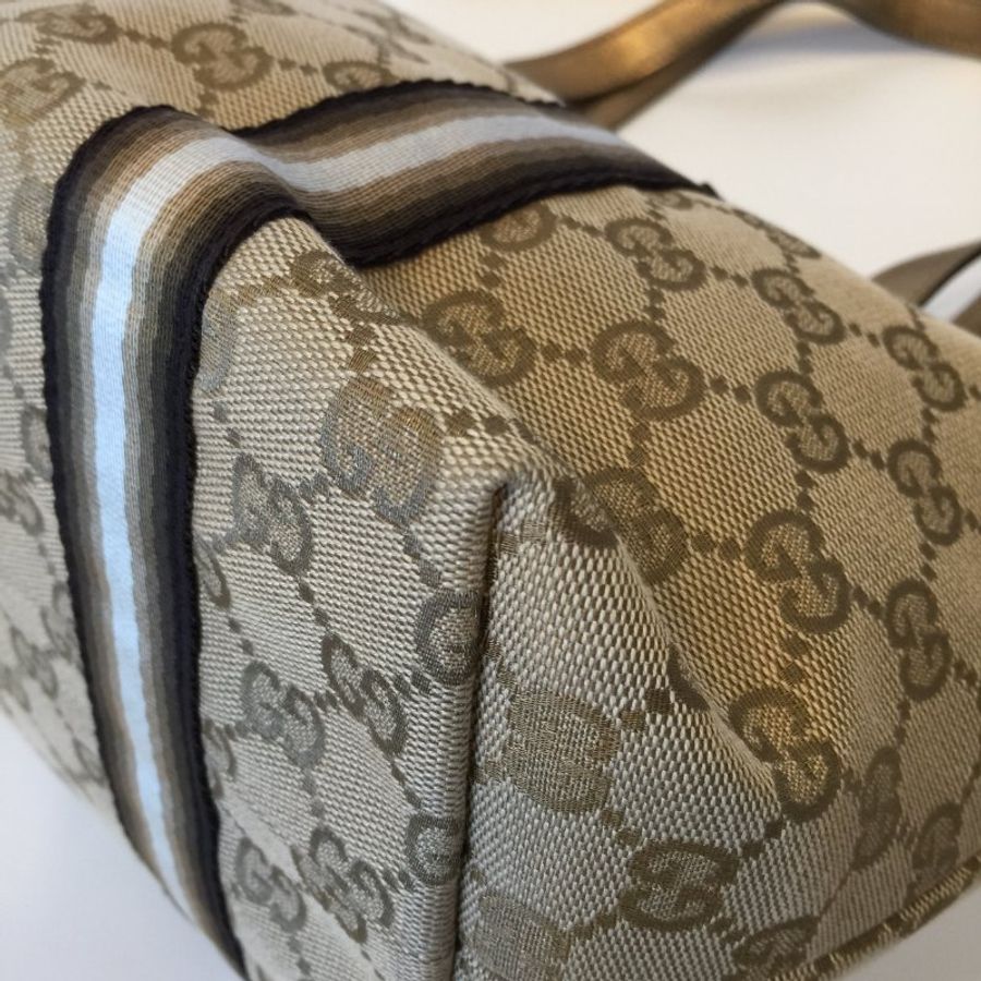 Gucci 卡其咖緹花布條紋公仔包/小款 /購物包 /托特包-6