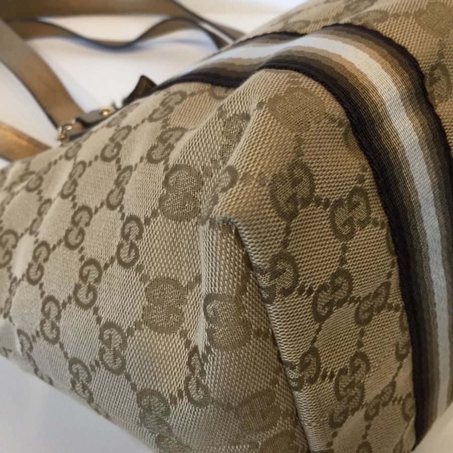 Gucci 卡其咖緹花布條紋公仔包/小款 /購物包 /托特包-7
