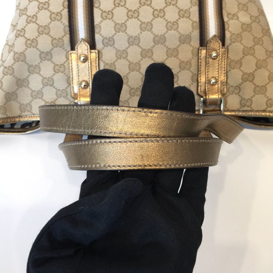 Gucci 卡其咖緹花布條紋公仔包/小款 /購物包 /托特包-10
