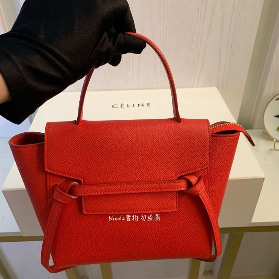 Céline 難得的舊標 CELINE 專櫃真品 珠地小牛皮袖珍型BELT手袋 紅色-10