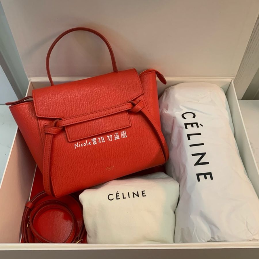 Céline 難得的舊標 CELINE 專櫃真品 珠地小牛皮袖珍型BELT手袋 紅色-45