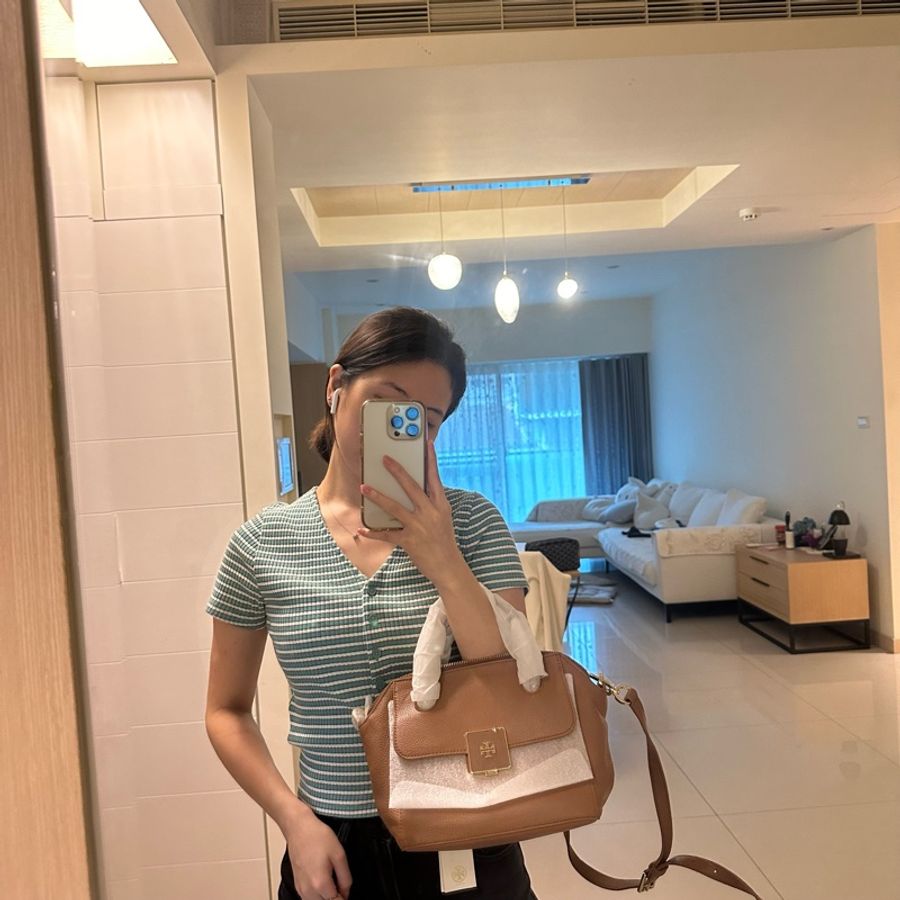 原價$16000多 全新Tory Burch Clara mini 焦糖色全真皮斜背包 手提包 兩用-0