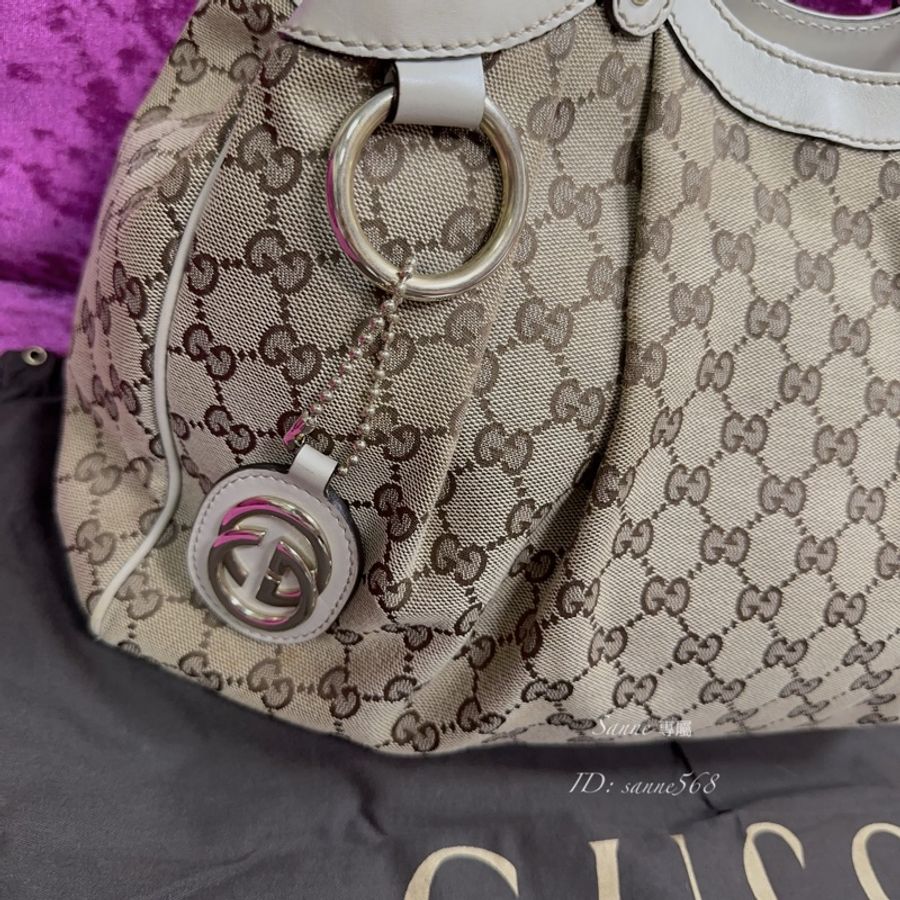 Gucci 緹花布拼接白牛皮雙耳Sukey手提包 211944-1