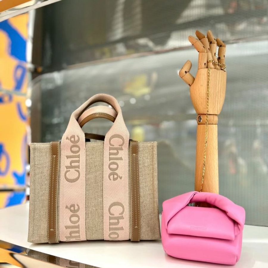Chloe 小款皮革飾邊絲帶棉質 Woody 包 米玫瑰色《2024春夏新色》-8