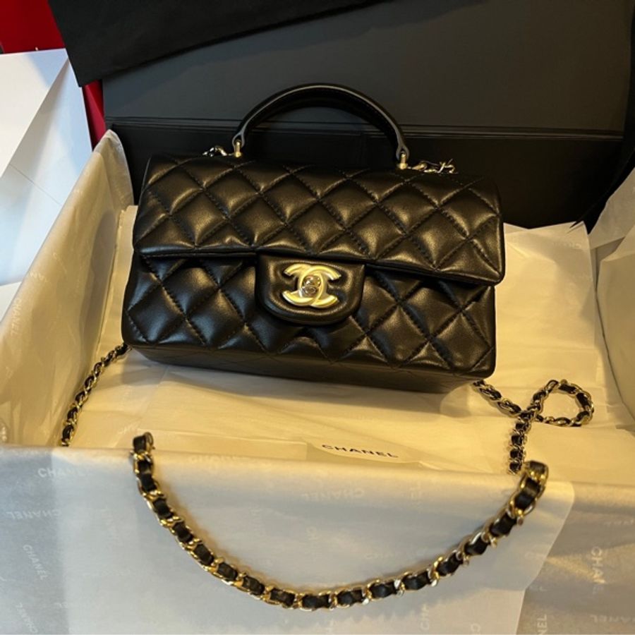 Chanel cf mini Handle 黑羊皮金扣 20cm-3