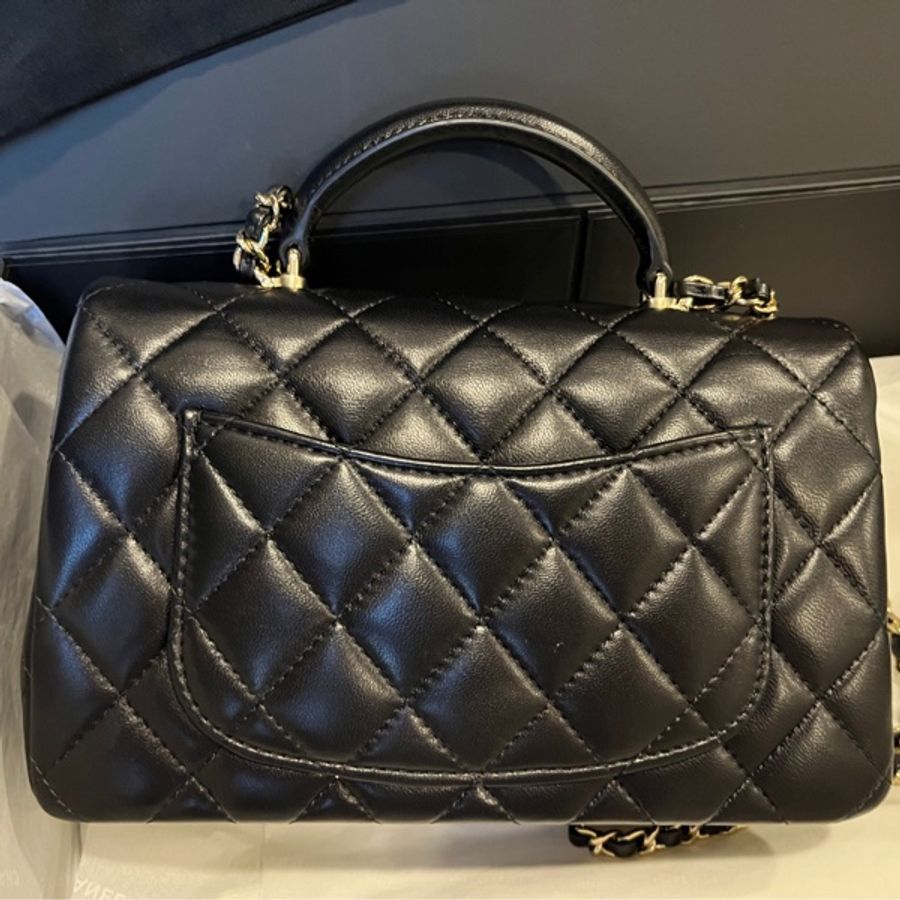 Chanel cf mini Handle 黑羊皮金扣 20cm-7