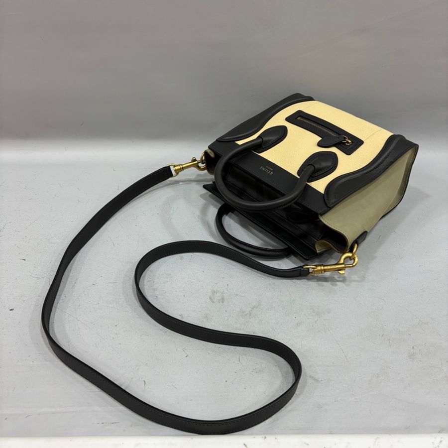 Celine黑 米 墨綠三拼色牛皮囧包Nano Luggage兩用包-12