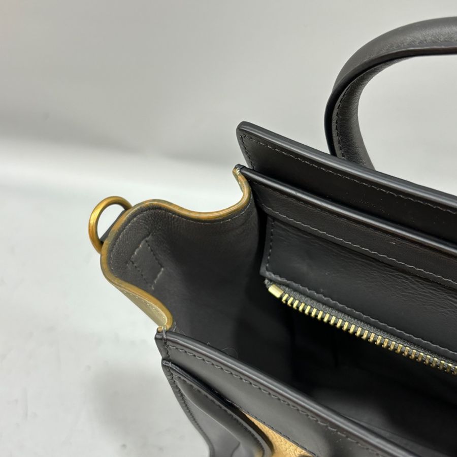 Celine黑 米 墨綠三拼色牛皮囧包Nano Luggage兩用包-25