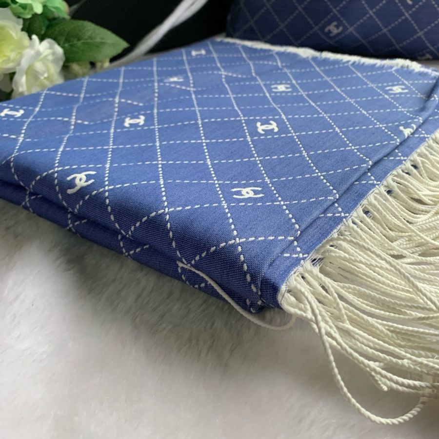 Chanel CC Logo 標誌菱格紋棉質混絲束口後背包+浴巾組(藍色)-8