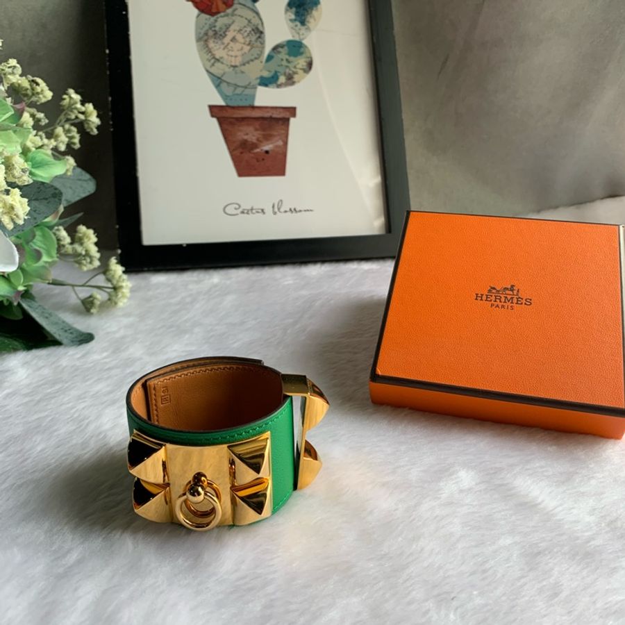 HERMES EVERCOLOR皮 鉚釘金釦CDC手環 (S)(綠色)-0