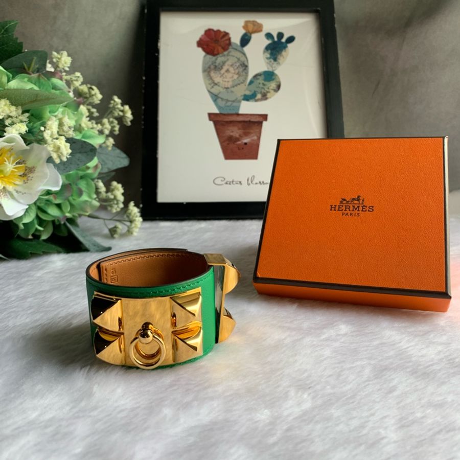 HERMES EVERCOLOR皮 鉚釘金釦CDC手環 (S)(綠色)-1