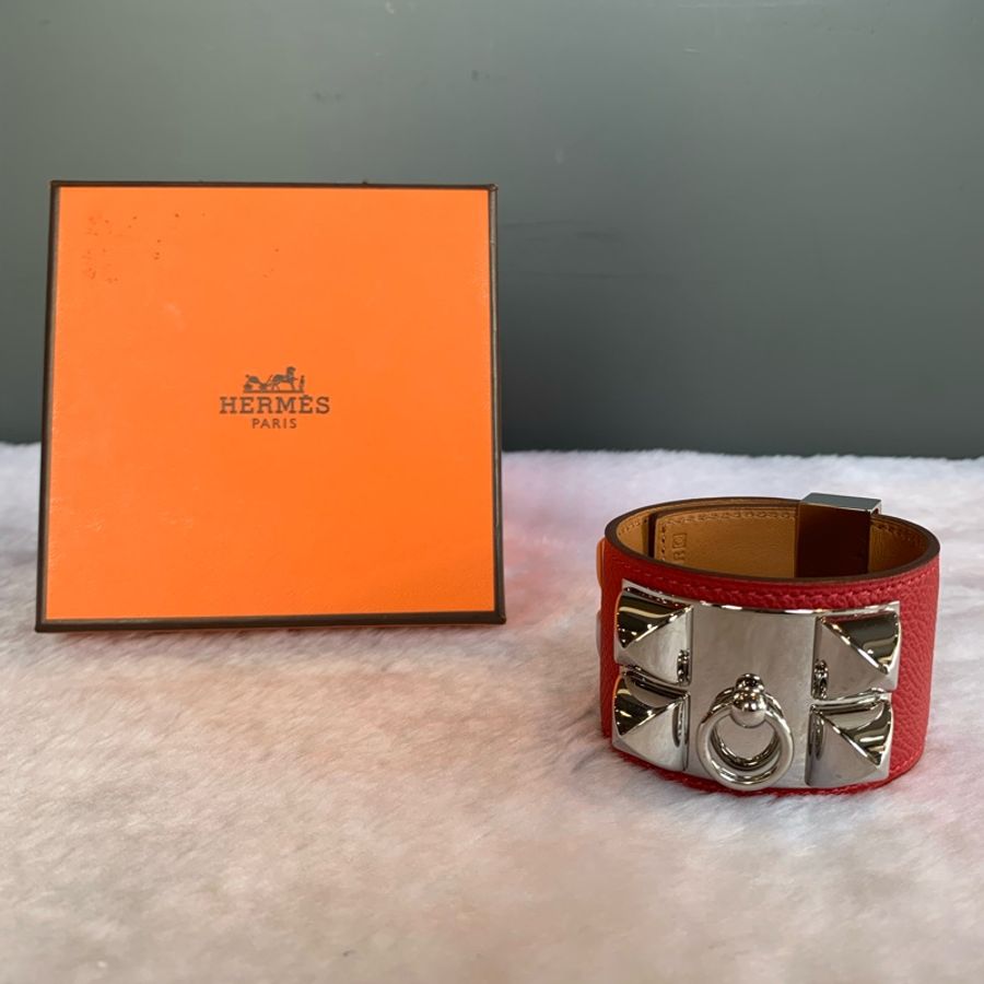 HERMES EPSOM皮 鉚釘銀釦CDC手環 (S)(紅色)-0