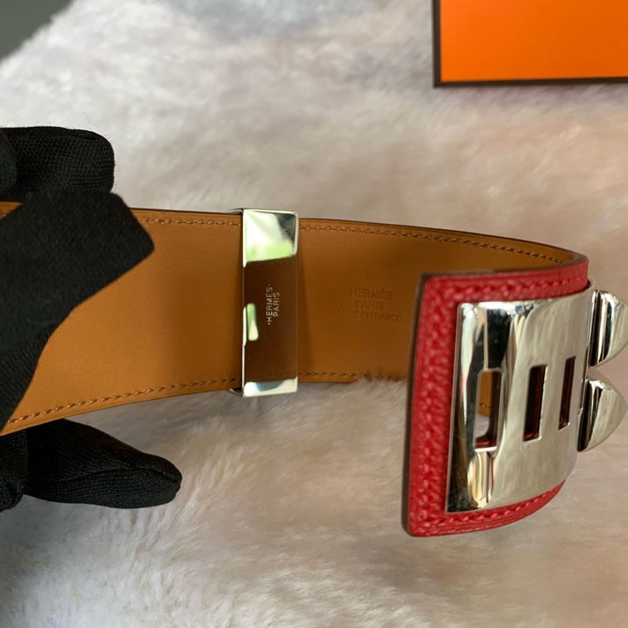 HERMES EPSOM皮 鉚釘銀釦CDC手環 (S)(紅色)-4