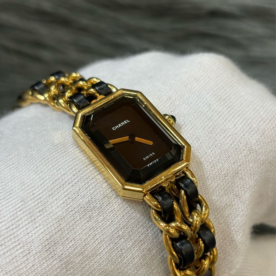 CHANEL premiere 方糖 金鍊 手鍊 皮穿鍊 石英錶 首映錶 女錶 腕錶 金錶 XL號18公分-7