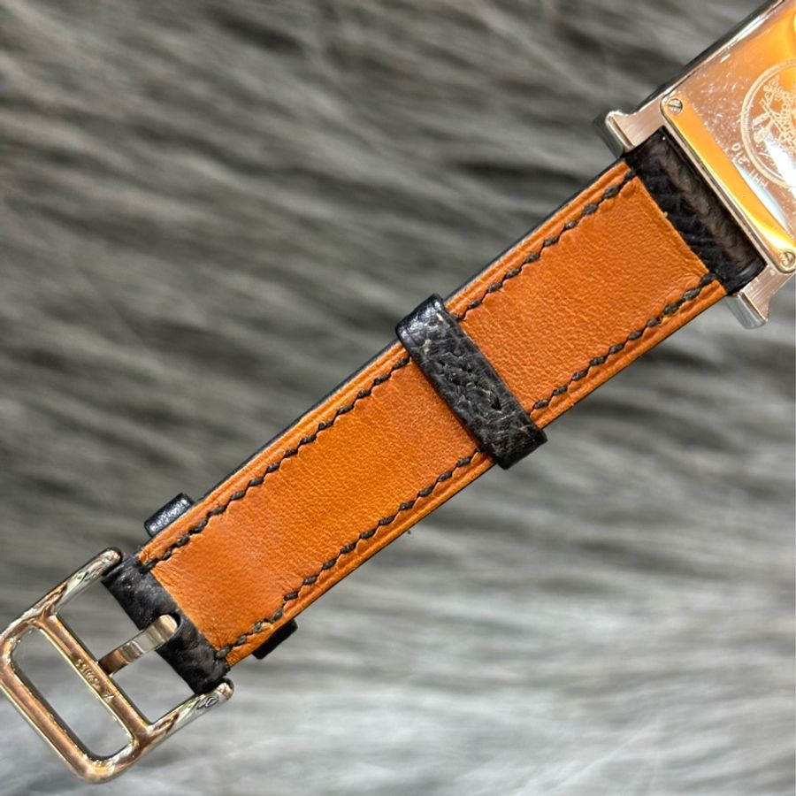 HERMES H HOUR HEURE 腕錶 石英錶 手錶 黑皮 銀釦 H 腕錶-6