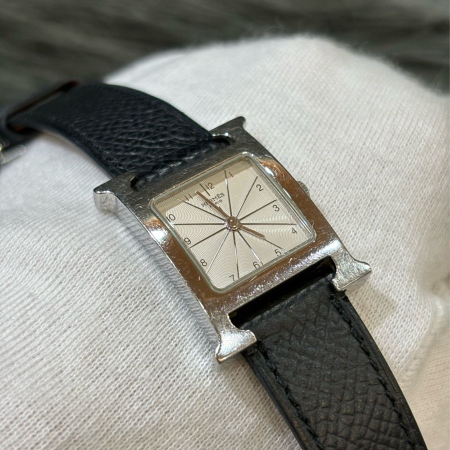 HERMES H HOUR HEURE 腕錶 石英錶 手錶 黑皮 銀釦 H 腕錶-7