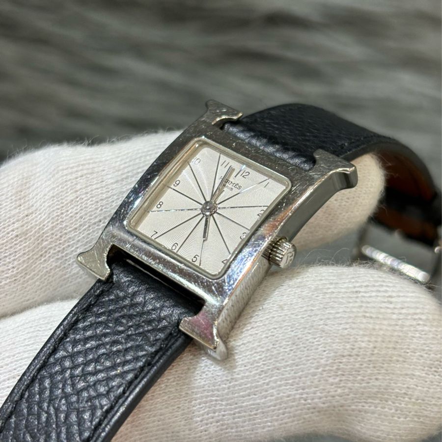 HERMES H HOUR HEURE 腕錶 石英錶 手錶 黑皮 銀釦 H 腕錶-9