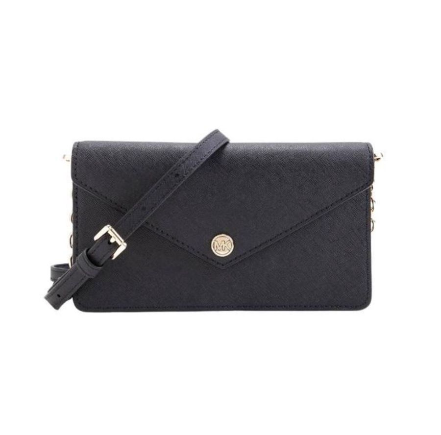 Michael Kors 簡約WOC圓標LOGO翻蓋信封造型手拿包錬包斜背包(黑)-0
