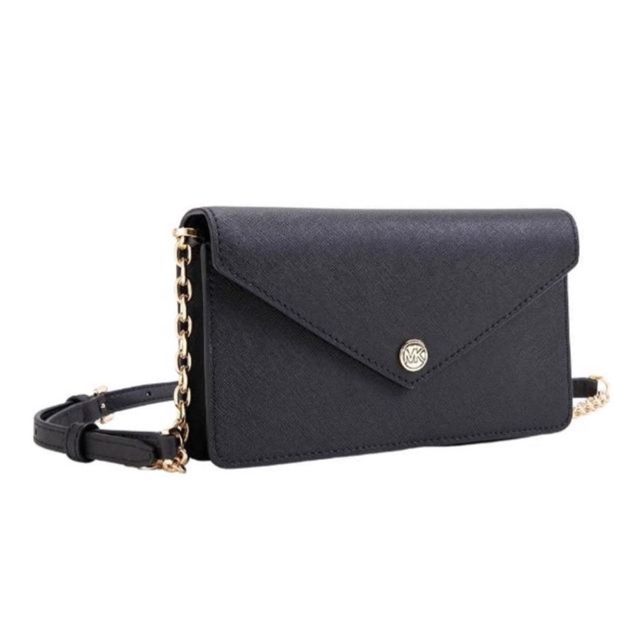 Michael Kors 簡約WOC圓標LOGO翻蓋信封造型手拿包錬包斜背包(黑)-1