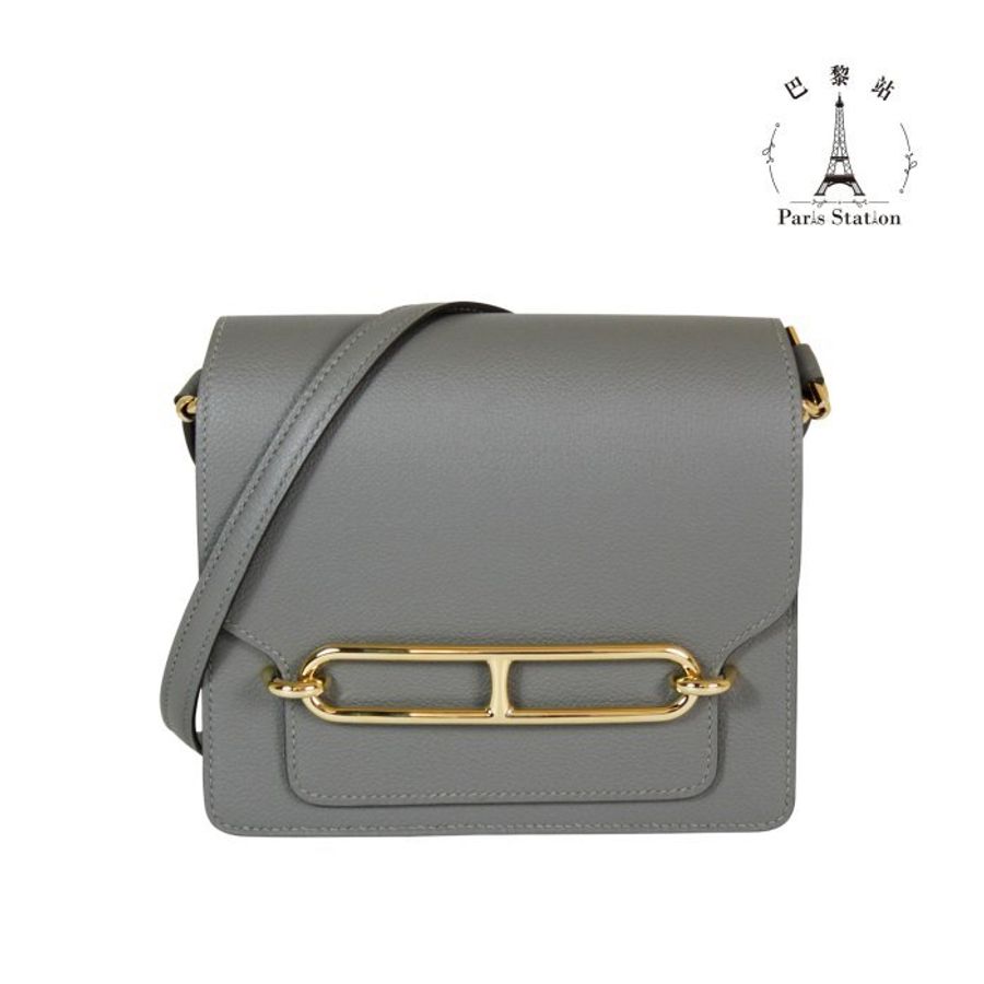 【巴黎站二手名牌專賣店】＊現貨＊HERMES 愛馬仕 真品＊Z刻積雨雲灰金釦MINI ROULIS豬鼻子肩背斜背包18-0