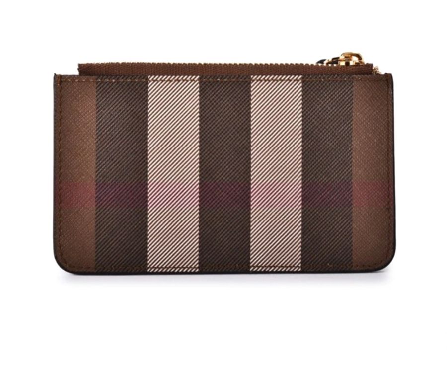出國方便攜帶 全新未使用 BURBERRY 經典大格紋帆布掛式鏈帶零錢包-暗樺木棕色-3