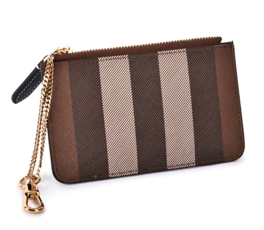 出國方便攜帶 全新未使用 BURBERRY 經典大格紋帆布掛式鏈帶零錢包-暗樺木棕色-4