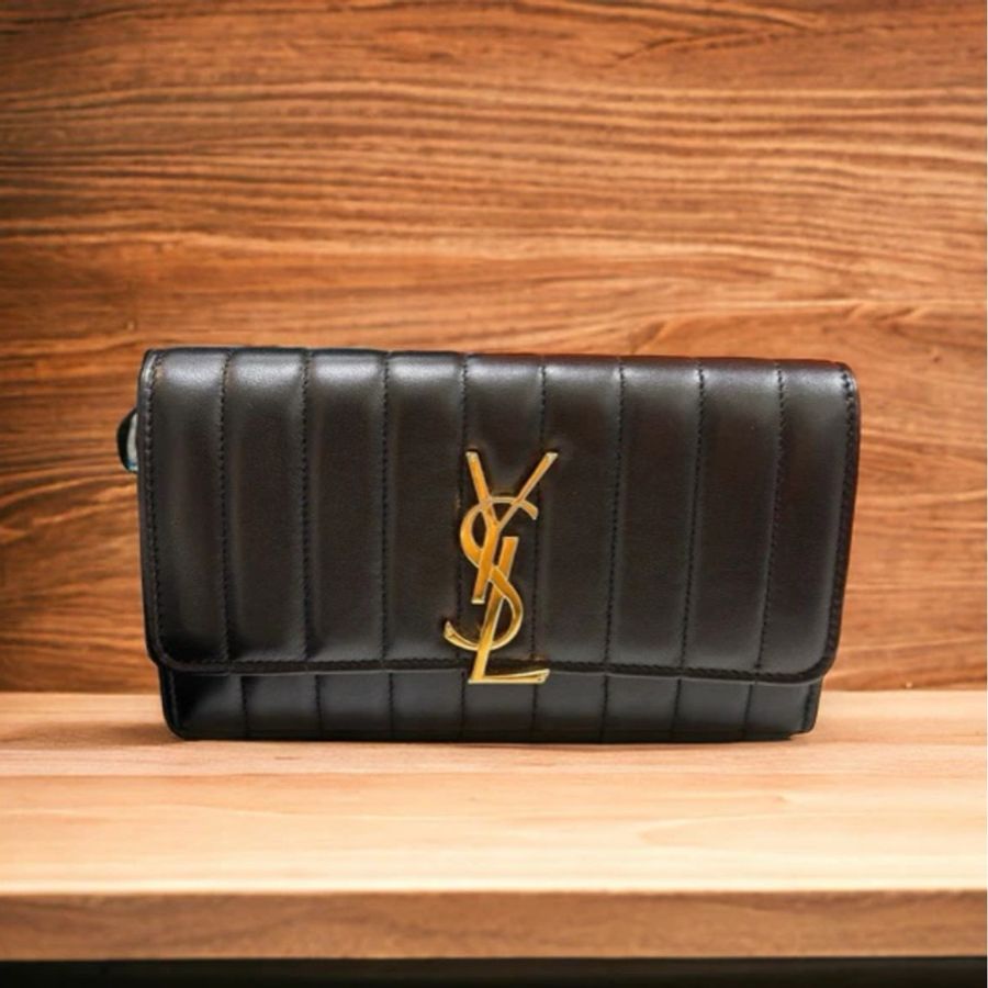 用過1次 近全新 YSL 黑色 絎縫 長夾 贈送WOC 改造鏈條組-0