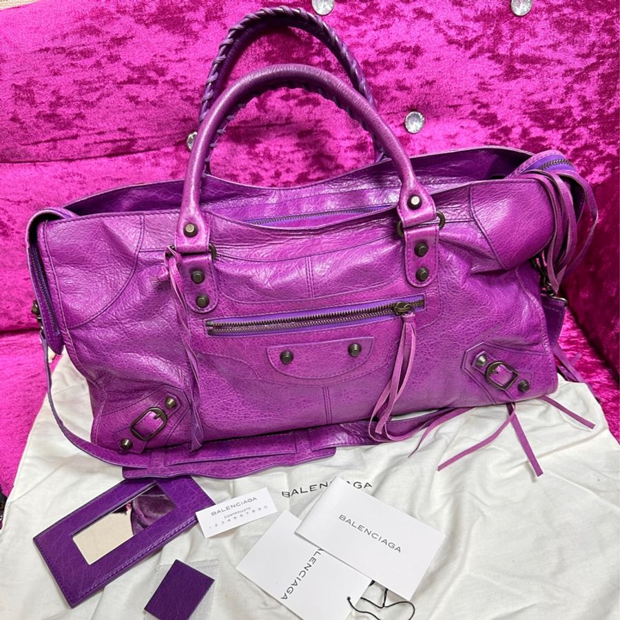 Balenciaga 巴黎世界紫色黑釦City 機車包-0