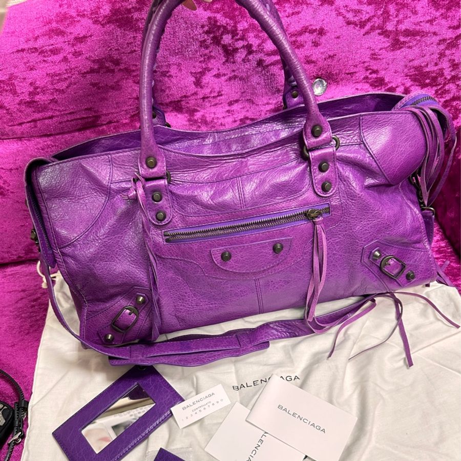 Balenciaga 巴黎世界紫色黑釦City 機車包-3