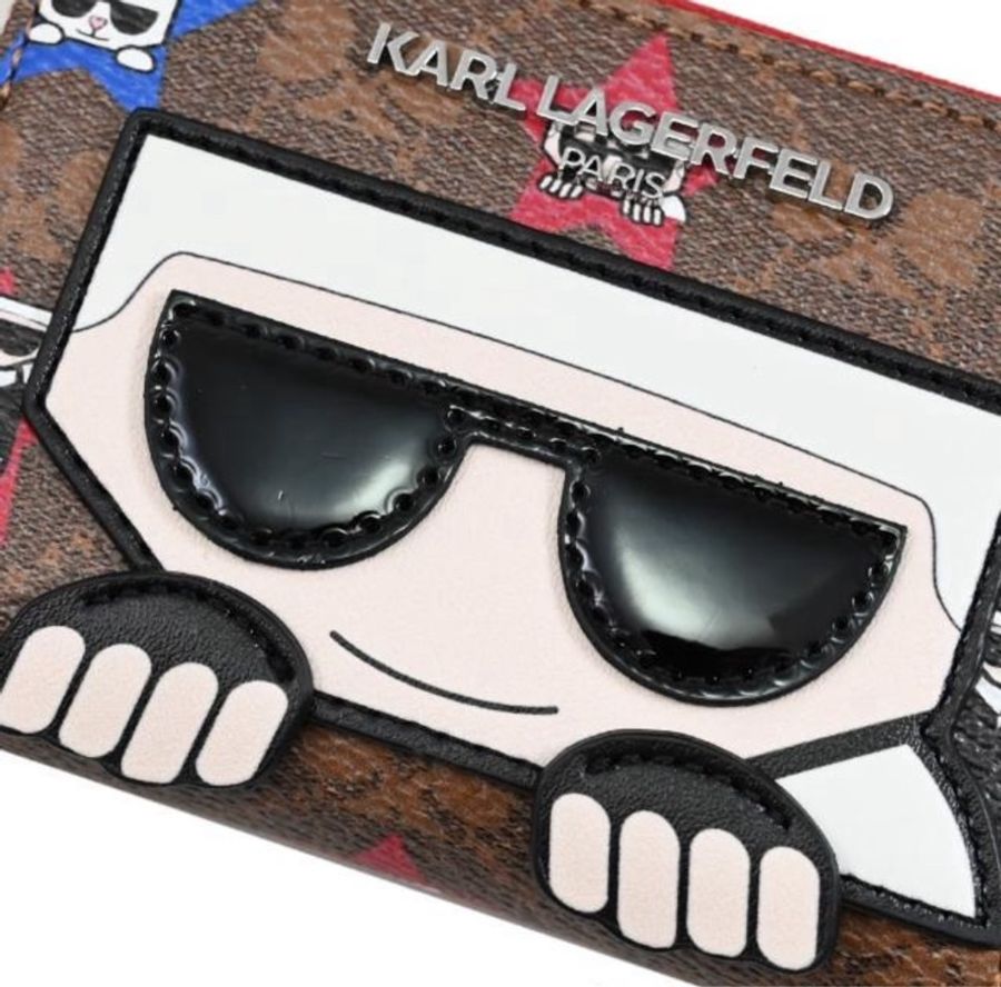 KARL LAGERFELD 卡爾老佛爺公仔印花信用卡多層風琴式零錢包(紅邊)-3