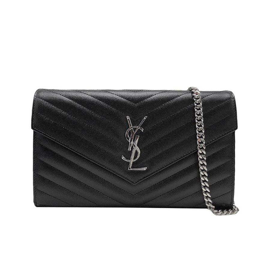 YSL Monogram V字縫線牛皮銀logo斜肩/手拿包(377828-黑)-0
