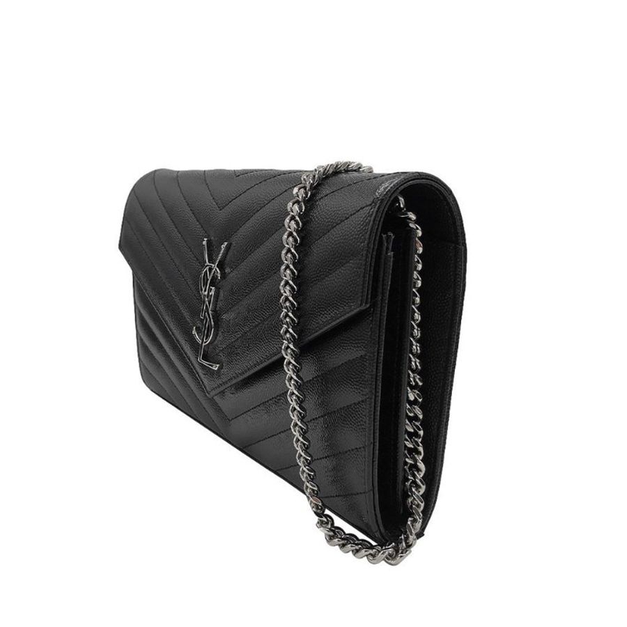 YSL Monogram V字縫線牛皮銀logo斜肩/手拿包(377828-黑)-1