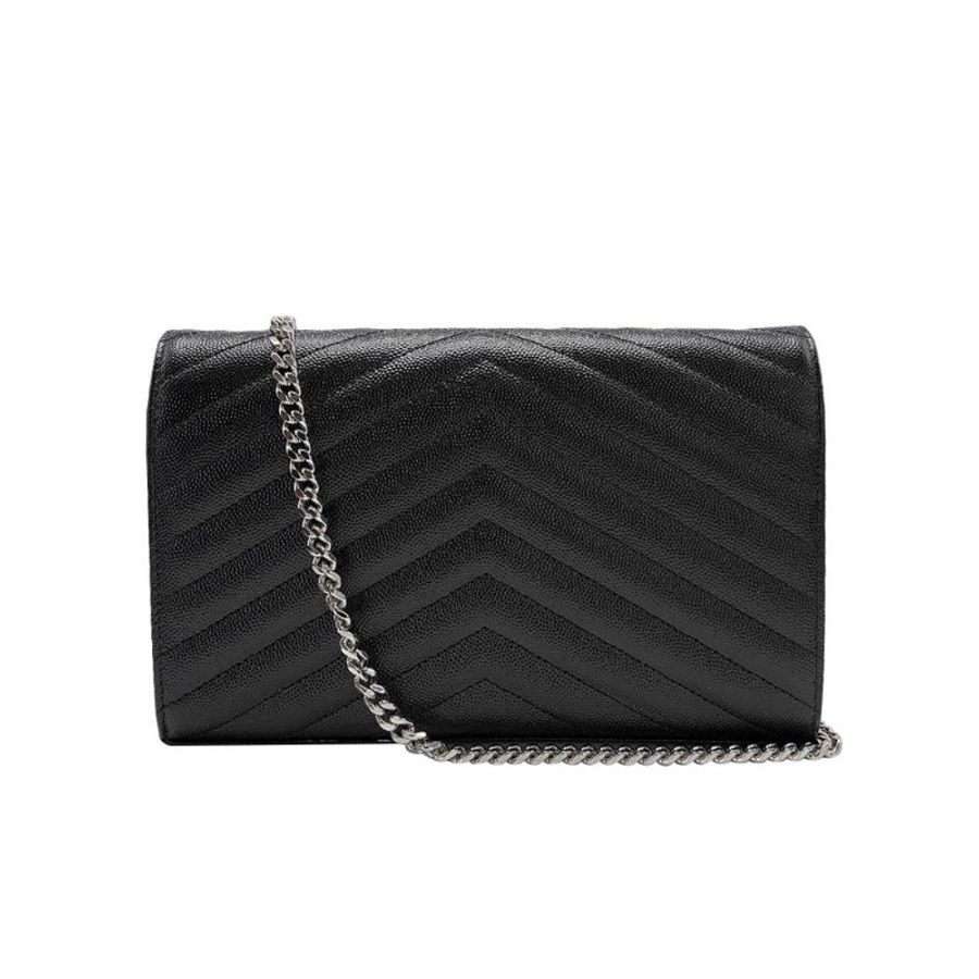 YSL Monogram V字縫線牛皮銀logo斜肩/手拿包(377828-黑)-2