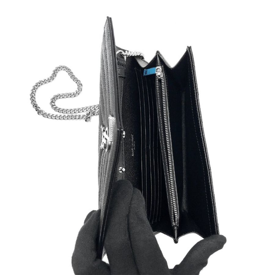 YSL Monogram V字縫線牛皮銀logo斜肩/手拿包(377828-黑)-4