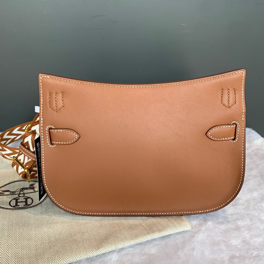 Hermes Jypsiere Mini Swift 皮金釦編織背帶吉普賽包(金棕色)-1