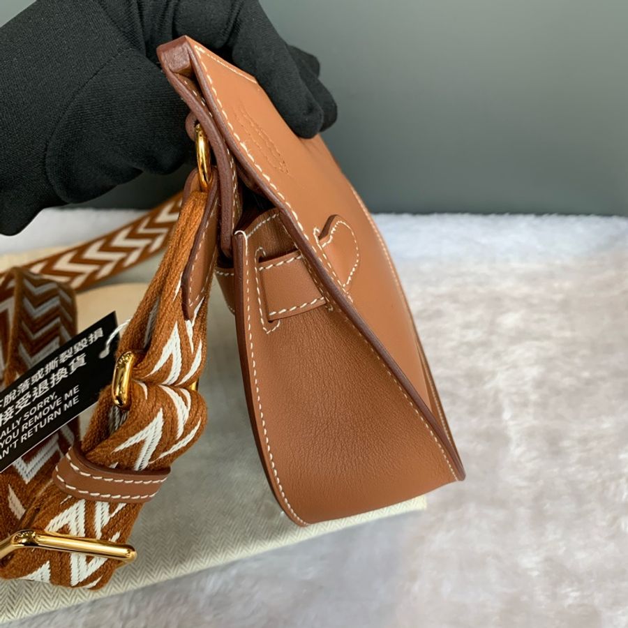 Hermes Jypsiere Mini Swift 皮金釦編織背帶吉普賽包(金棕色)-3