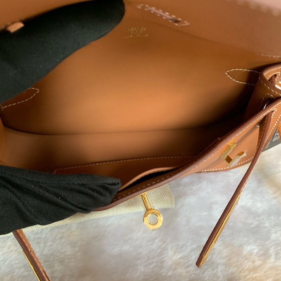 Hermes Jypsiere Mini Swift 皮金釦編織背帶吉普賽包(金棕色)-8