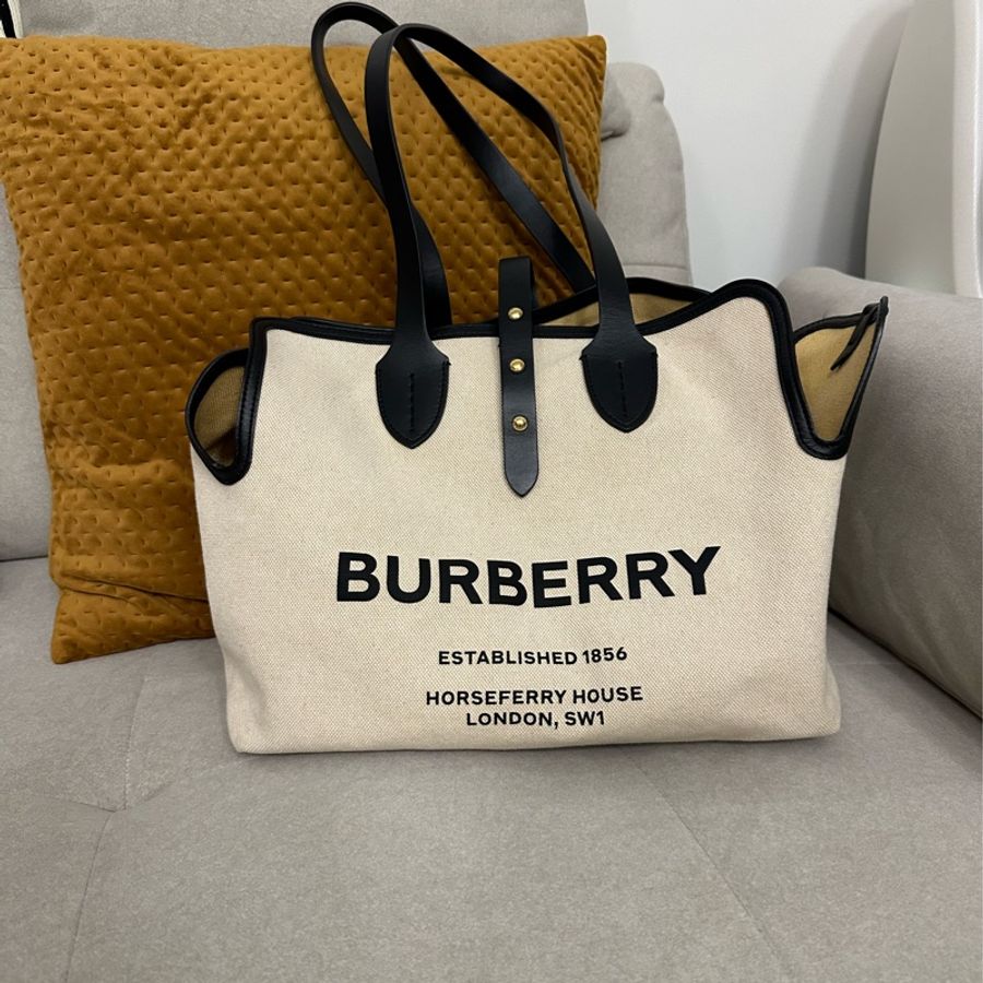 BURBERRY The Belt 中型 可拆萬用袋撞色拼接棉帆布托特包(自然色)-3
