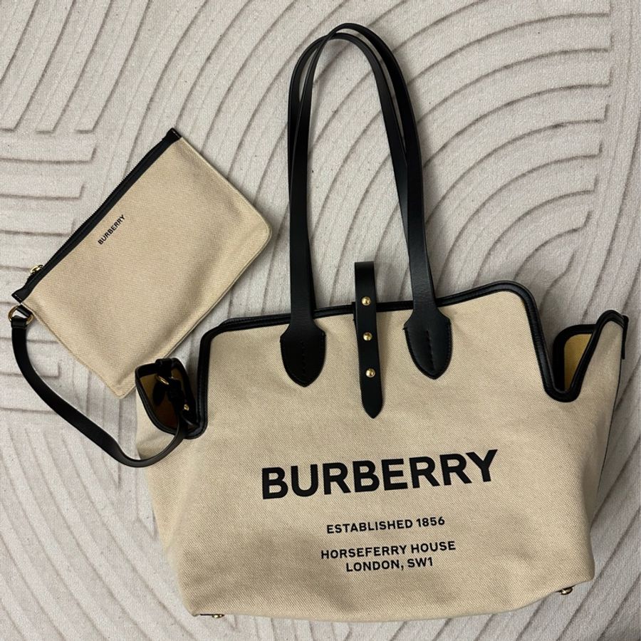 BURBERRY The Belt 中型 可拆萬用袋撞色拼接棉帆布托特包(自然色)-6