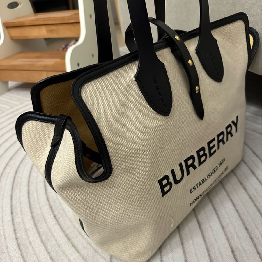 BURBERRY The Belt 中型 可拆萬用袋撞色拼接棉帆布托特包(自然色)-7