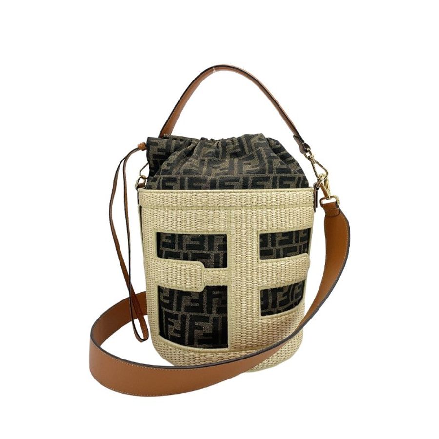 Fendi Step Out 草編拚帆布二用手提肩背水桶包-中(8BT364-米)-0