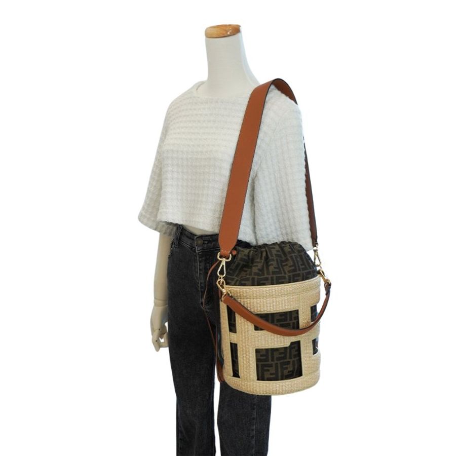 Fendi Step Out 草編拚帆布二用手提肩背水桶包-中(8BT364-米)-5