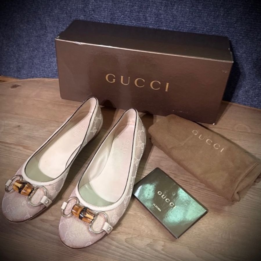 Gucci 淡金粉紅提花芭蕾舞鞋 竹節馬銜扣娃娃鞋 女 36C vintage-0