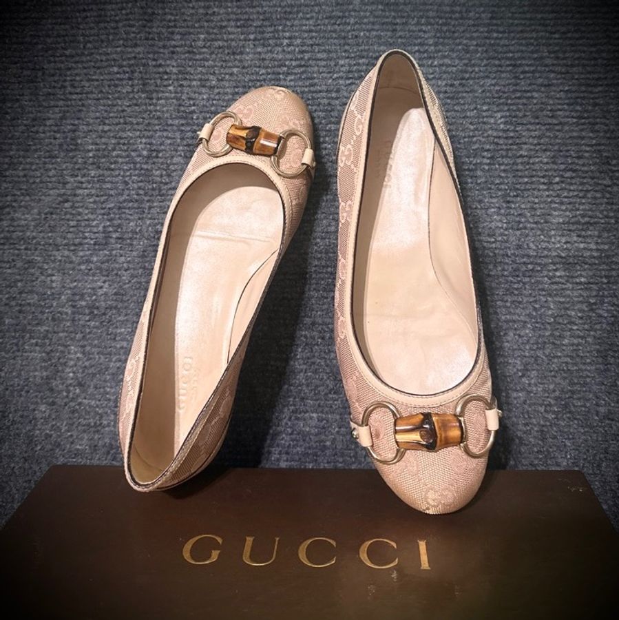 Gucci 淡金粉紅提花芭蕾舞鞋 竹節馬銜扣娃娃鞋 女 36C vintage-3