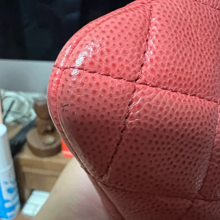 二手 CHANEL 荔枝牛皮淡金釦 莓紅色 拉鍊一字款零錢包-11