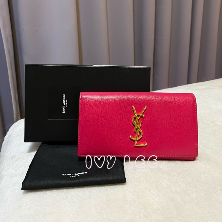 Saint Laurent GNC372266 皮革 長夾 金色LOGO 粉桃色 二手精品-0