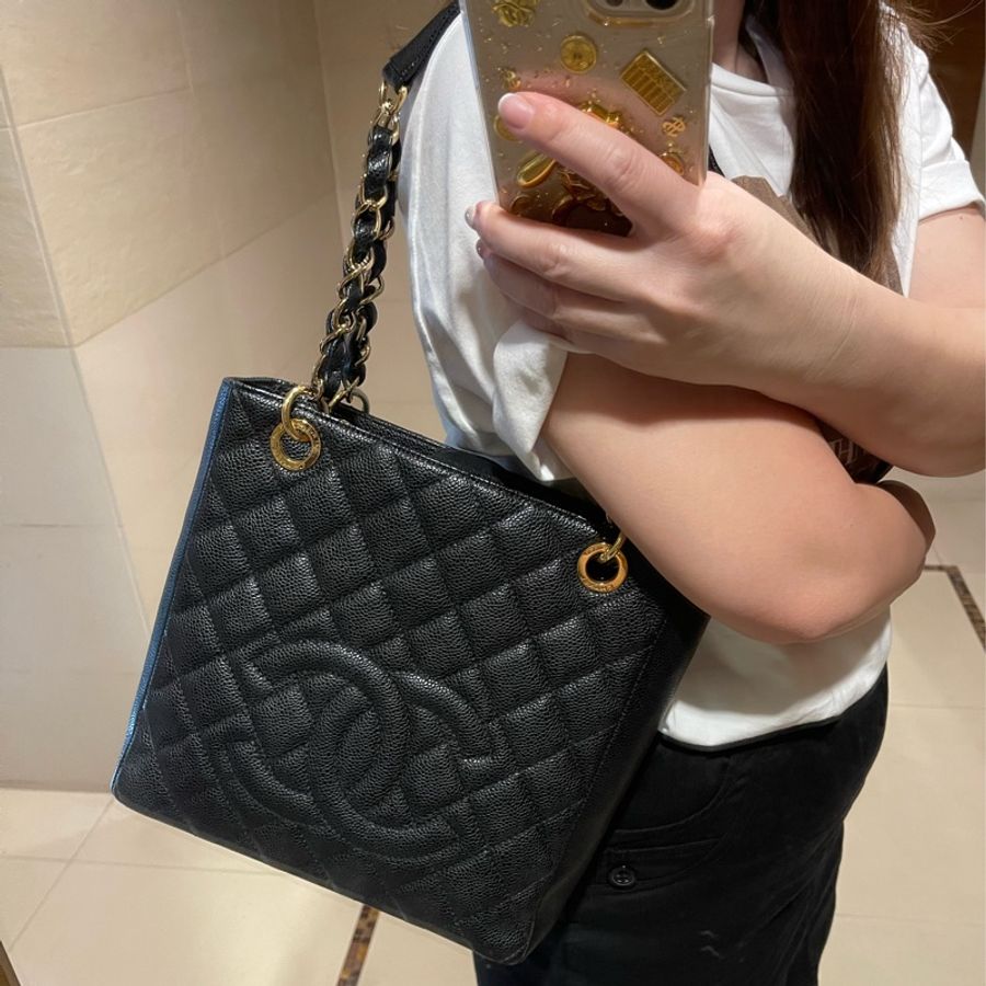 Chanel黑金荔枝牛皮PST肩揹包 托特包 購物包-7