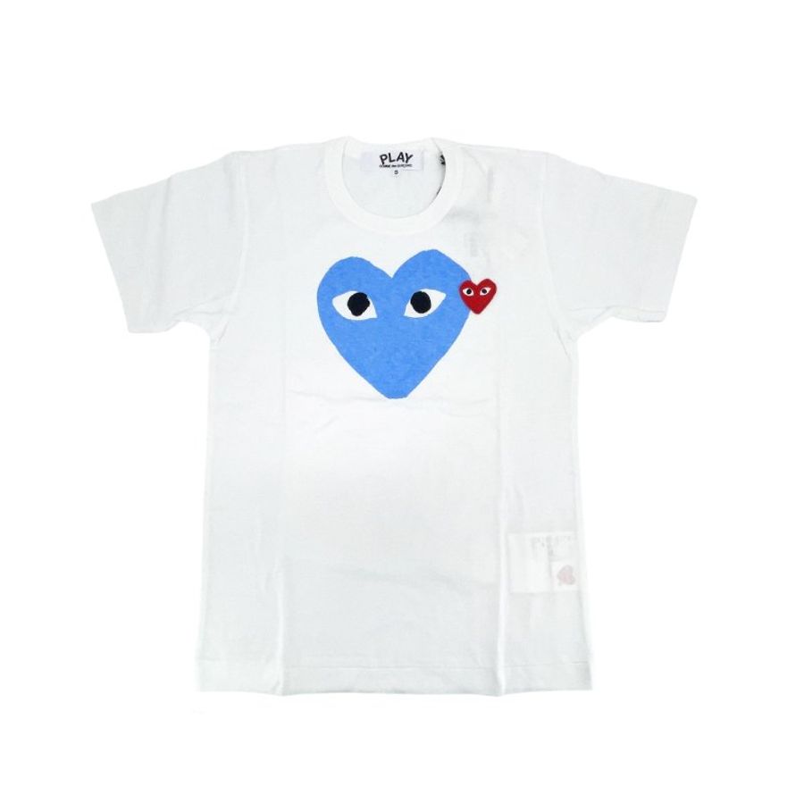 川久保玲 CDG 女款 藍大小雙愛心刺繡logo短袖T恤(白)-M-0